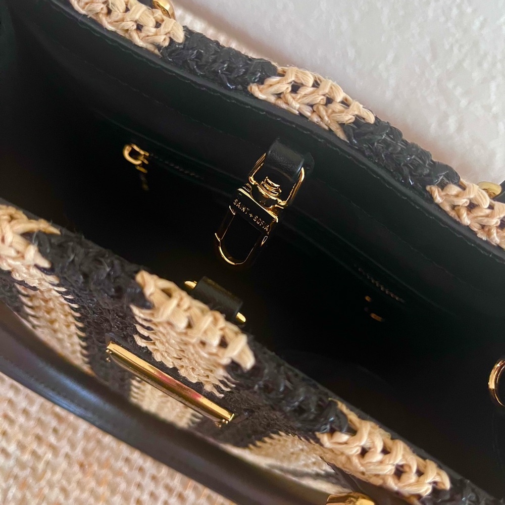 SAINT & SOFIA Mini Tote Bag Raffia Black/Tan Leather Artisan Handbag W/Strap - Picture 14 of 15